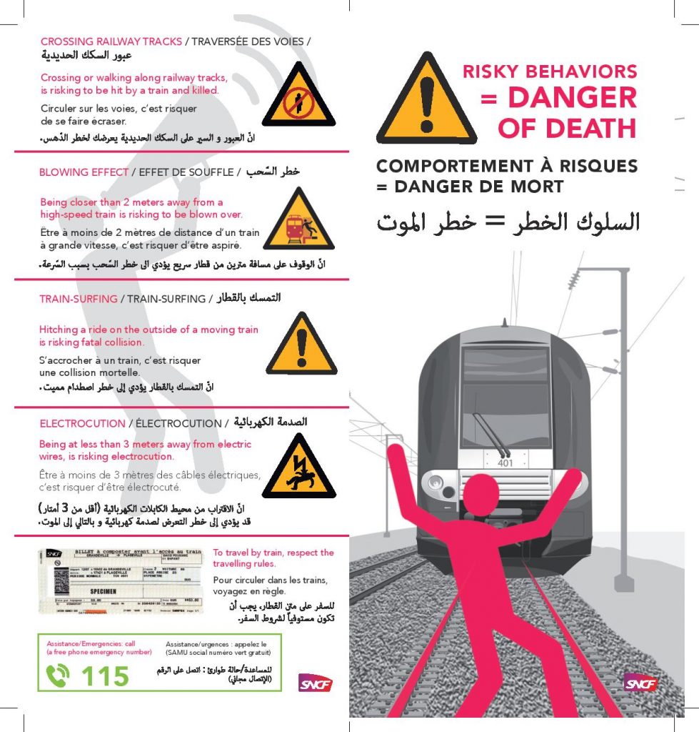 Le avvertenze pubblicate dalla Sncf, le ferrovie francesi, nel tentativo di evitare gli incidenti mortali che coinvolgono i migranti (Sncf)