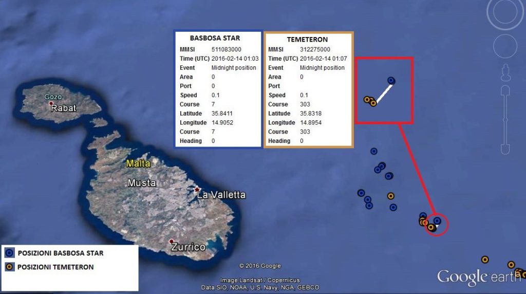 Nella mappa, realizzata dagli inquirenti, si traccia un avvicinamento sospetto tra la Temeteron e un'altra imbarcazione coinvolta nell'inchiesta Dirty Oil. Quando le due navi sono così vicine possono trasbordare il gasolio di contrabbando.